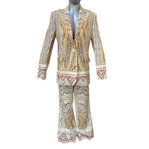 Zara Printed Linen Blend Set Blazer Flare Leg Pants Women's Small Multicolor